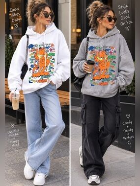 Graphic Garfield Oversized Hoodie Sweatshirt - White or Gray